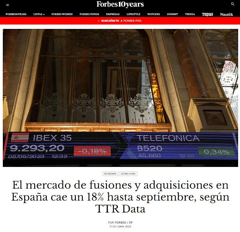 El mercado de fusiones y adquisiciones en Espaa cae un 18% hasta septiembre, segn TTR Data